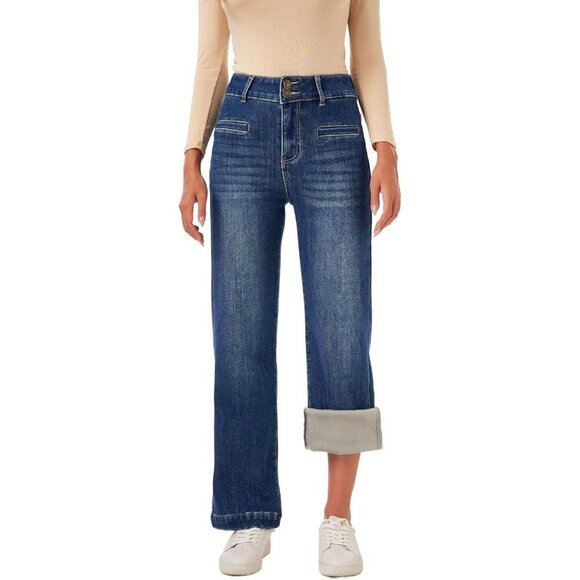 Denim - Women's Fleece Lined Jeans Large Wide Straight High Waist Winter Denim